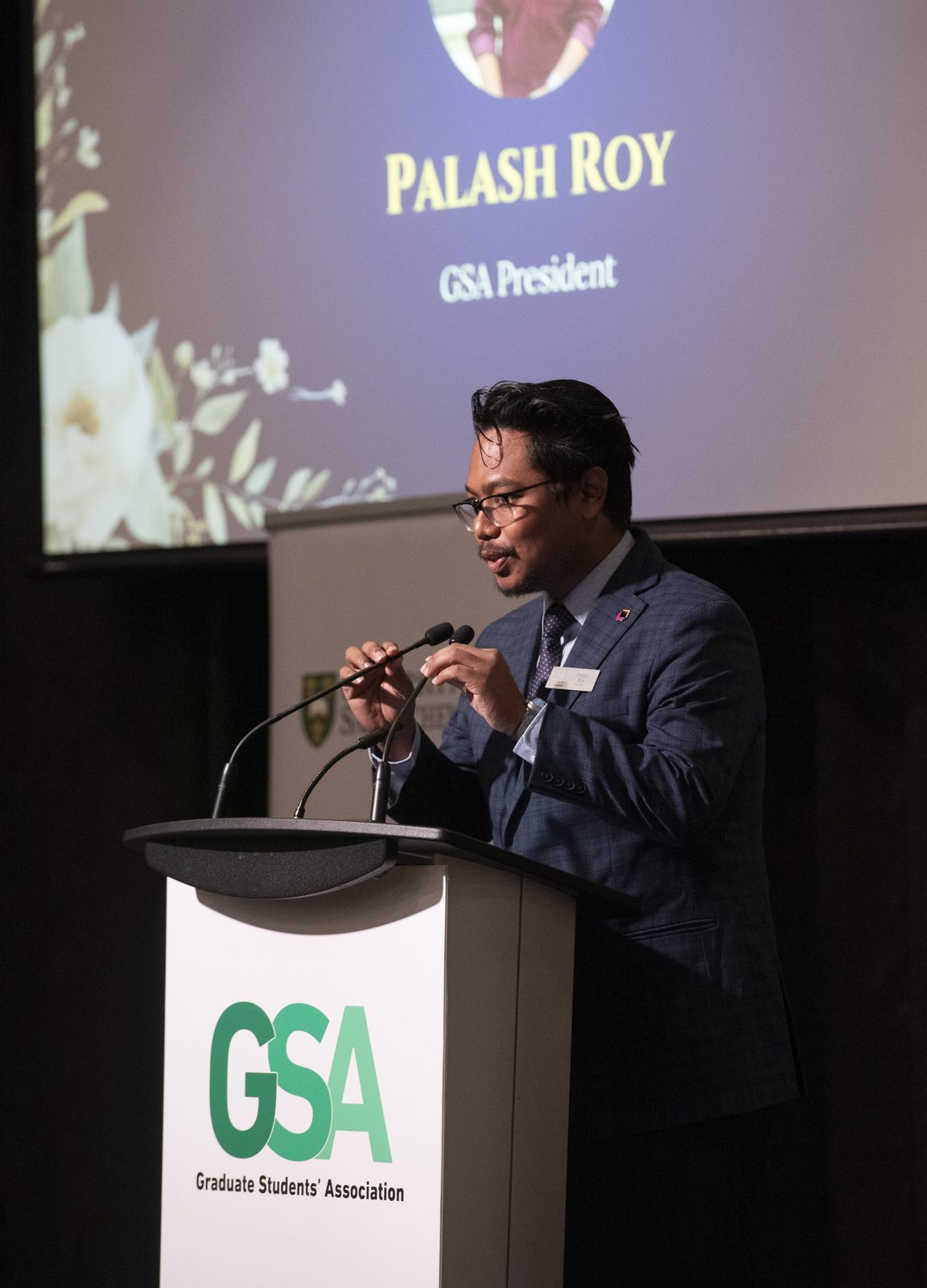 Palash Ranjan Roy (Palash Roy) delivering his final speech as GSA President at the 2026 University of Saskatchewan Graduate Students' Association Awards and Gala
